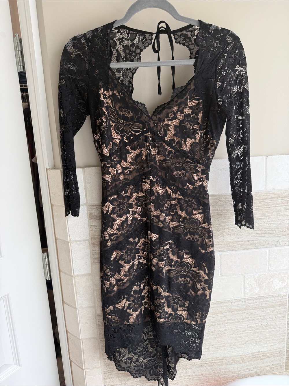 bebe Black Lace Overlay Dress with Nude Lining